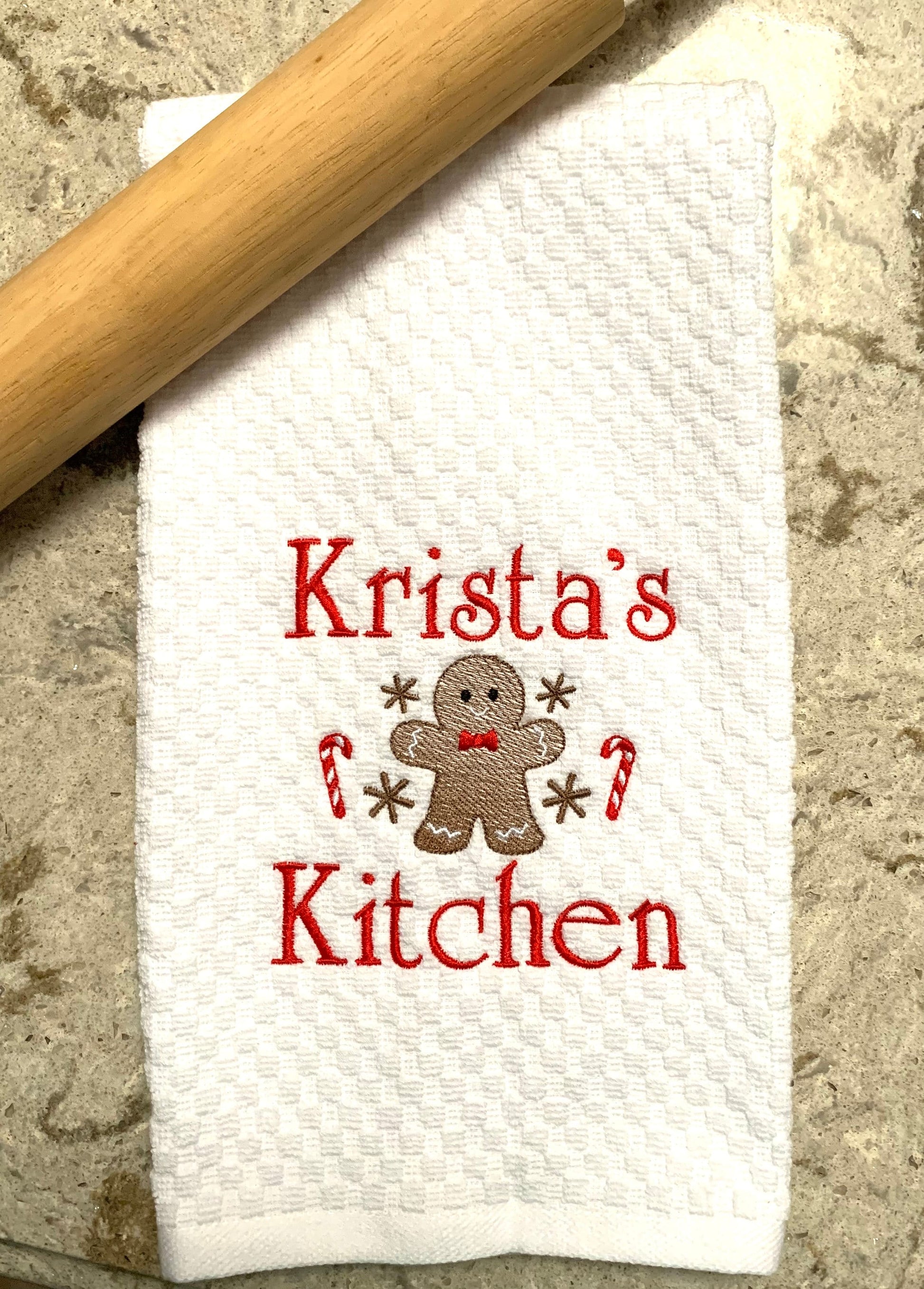 Personalized Christmas Towel, White Kitchen Towel Gift, Christmas Gift, Gingerbread Towel, Personalized Gift, Embroidered Towel