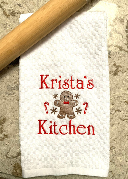 Personalized Christmas Towel, White Kitchen Towel Gift, Christmas Gift, Gingerbread Towel, Personalized Gift, Embroidered Towel