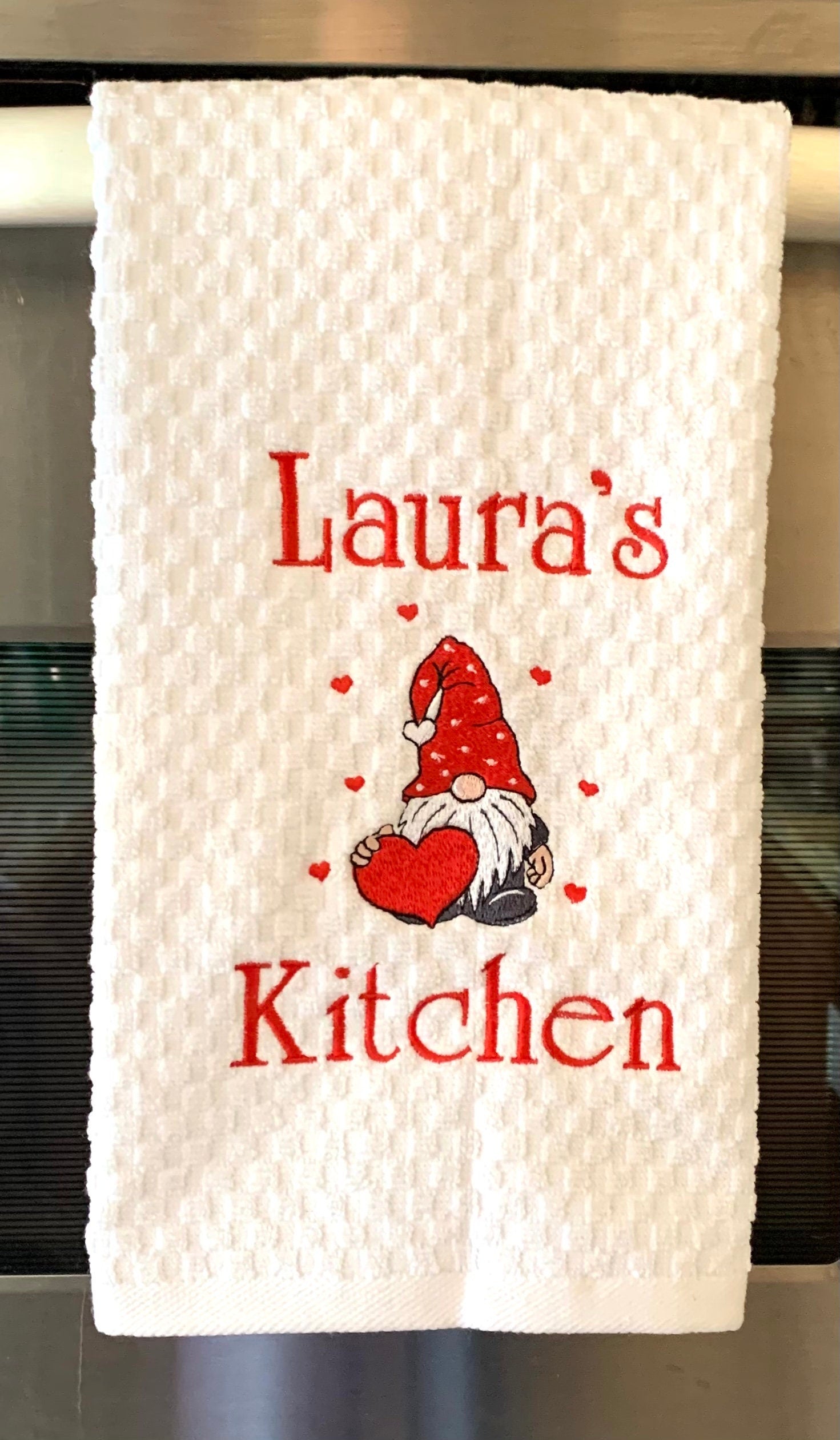 Valentine Day Towel, White Kitchen Towel Gift, Gnome, Hearts, Personalized Gift, Embroidered Towel