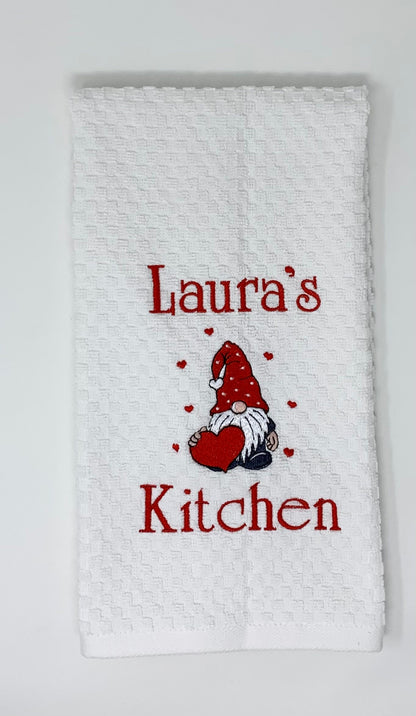Valentine Day Towel, White Kitchen Towel Gift, Gnome, Hearts, Personalized Gift, Embroidered Towel