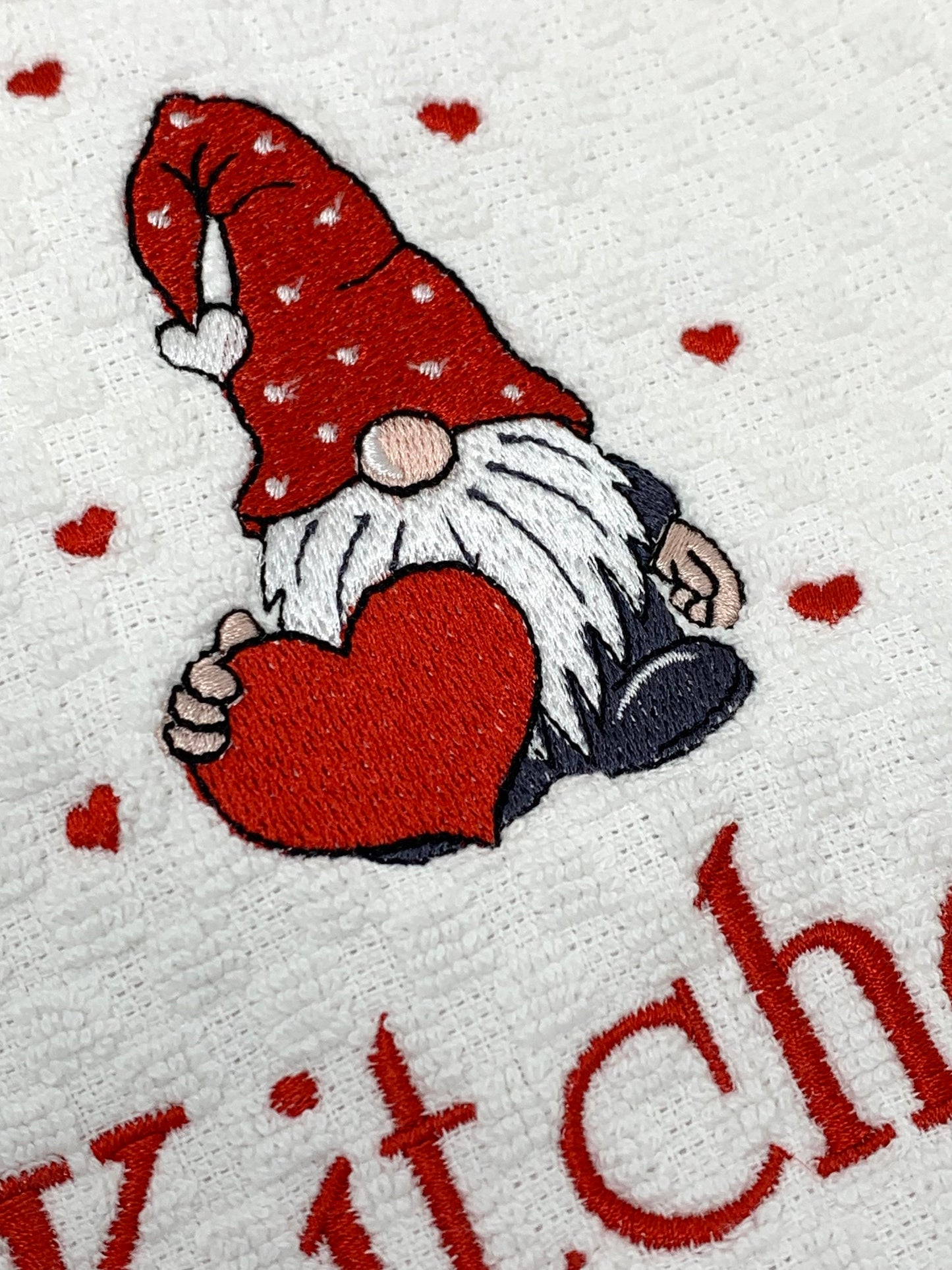 Valentine Day Towel, White Kitchen Towel Gift, Gnome, Hearts, Personalized Gift, Embroidered Towel