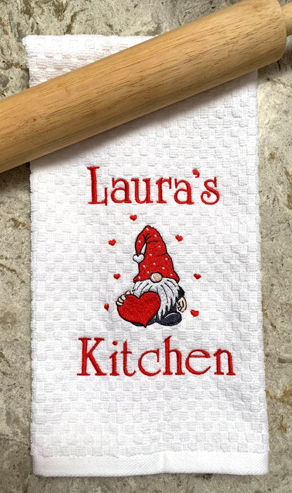 Valentine Day Towel, White Kitchen Towel Gift, Gnome, Hearts, Personalized Gift, Embroidered Towel