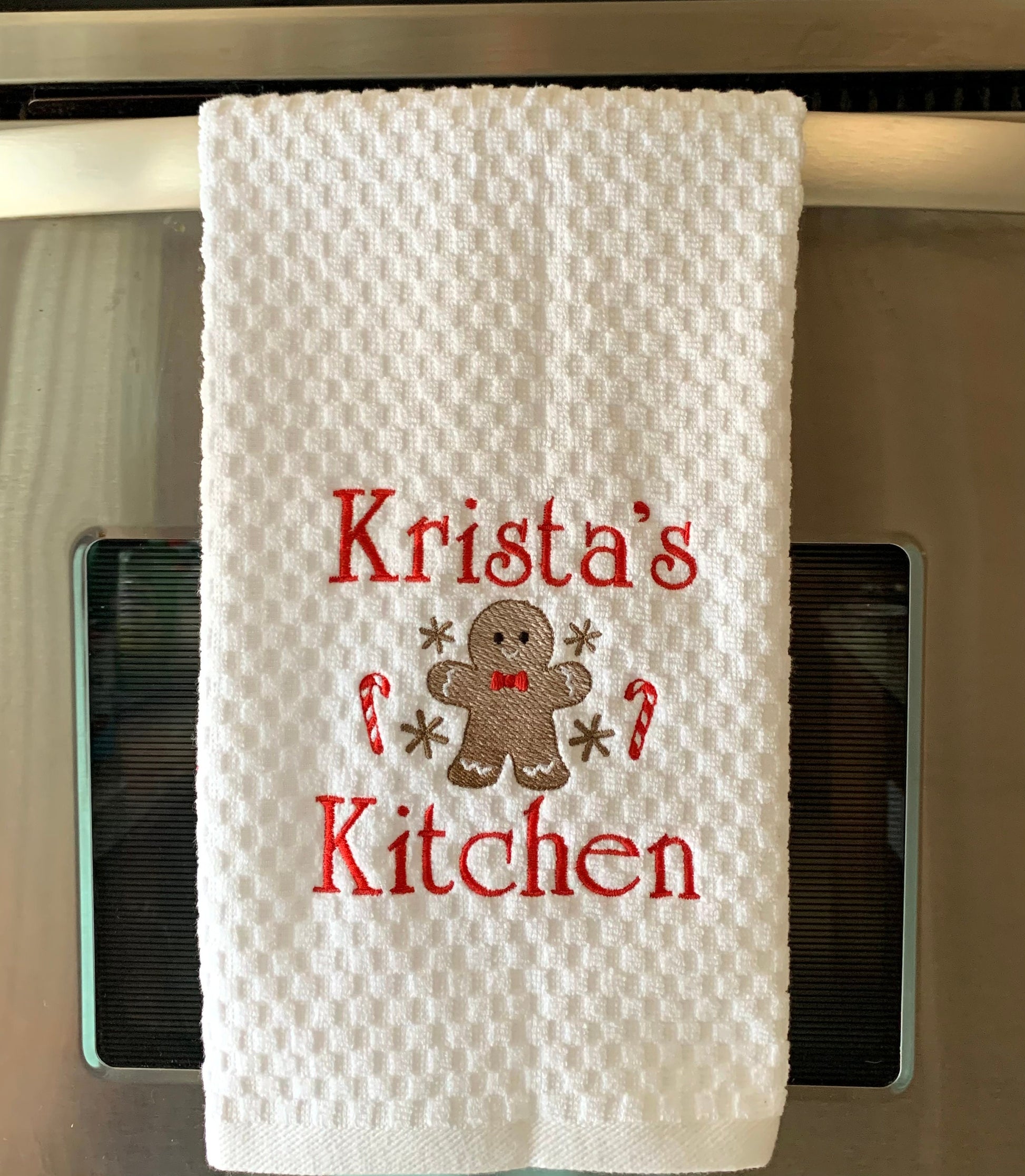 Personalized Christmas Towel, White Kitchen Towel Gift, Christmas Gift, Gingerbread Towel, Personalized Gift, Embroidered Towel
