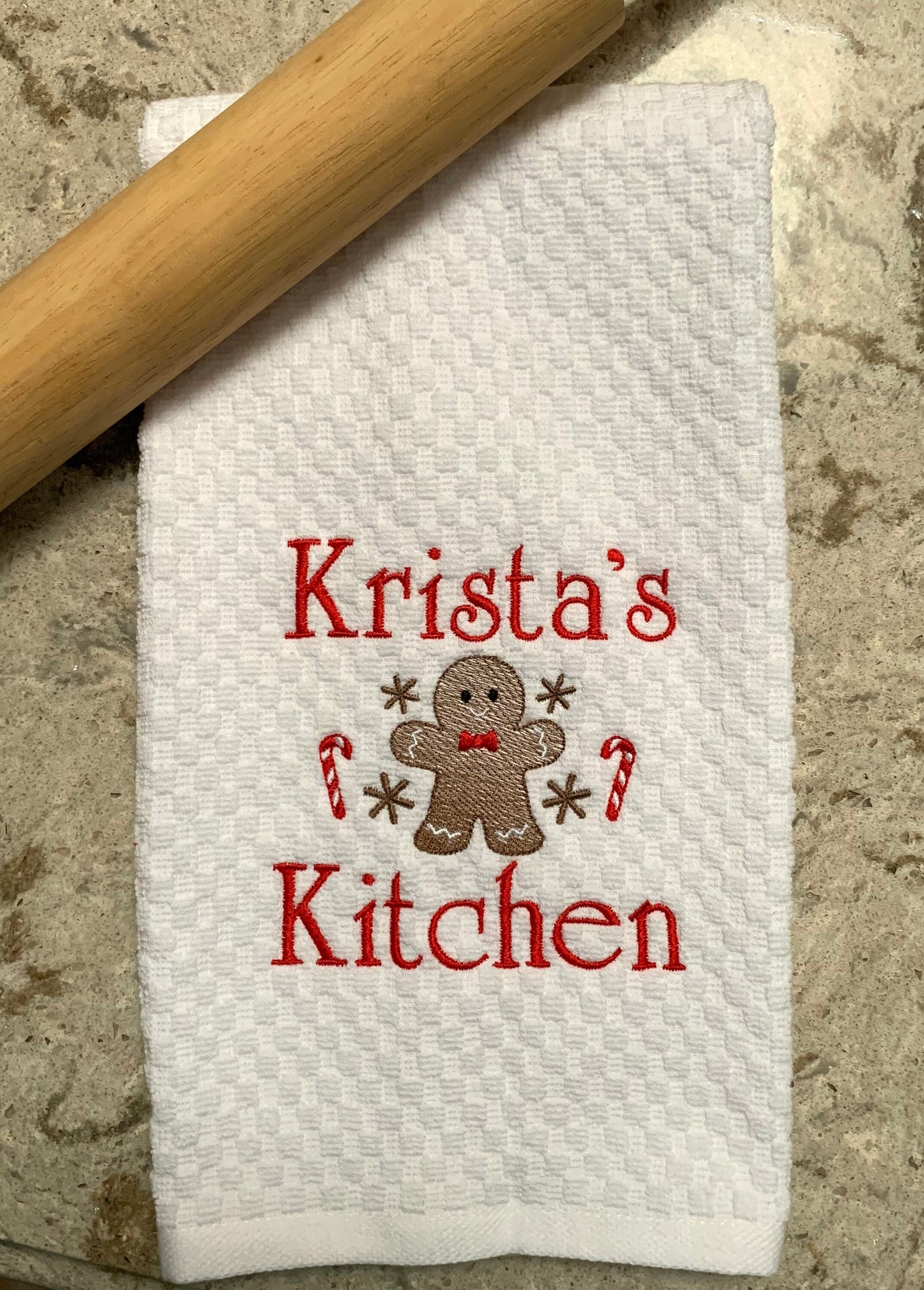 Personalized Christmas Towel, White Kitchen Towel Gift, Christmas Gift, Gingerbread Towel, Personalized Gift, Embroidered Towel