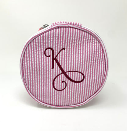 Pink Jewelry Case, Small Travel Bag, Monogrammed, Personalized Gift, Bridesmaid Gift, Round Jewelry Case Mini Bag