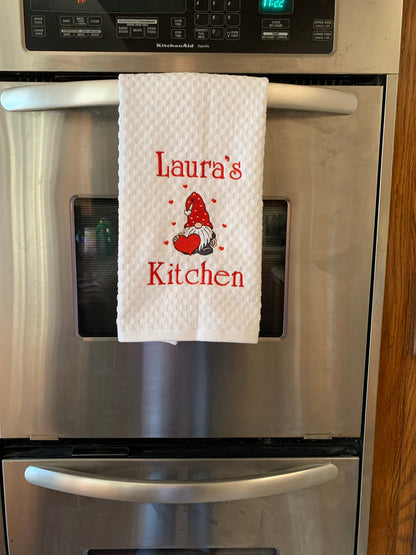 Valentine Day Towel, White Kitchen Towel Gift, Gnome, Hearts, Personalized Gift, Embroidered Towel