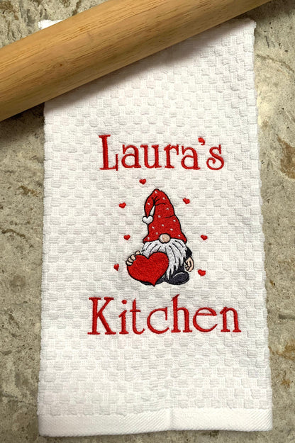 Valentine Day Towel, White Kitchen Towel Gift, Gnome, Hearts, Personalized Gift, Embroidered Towel