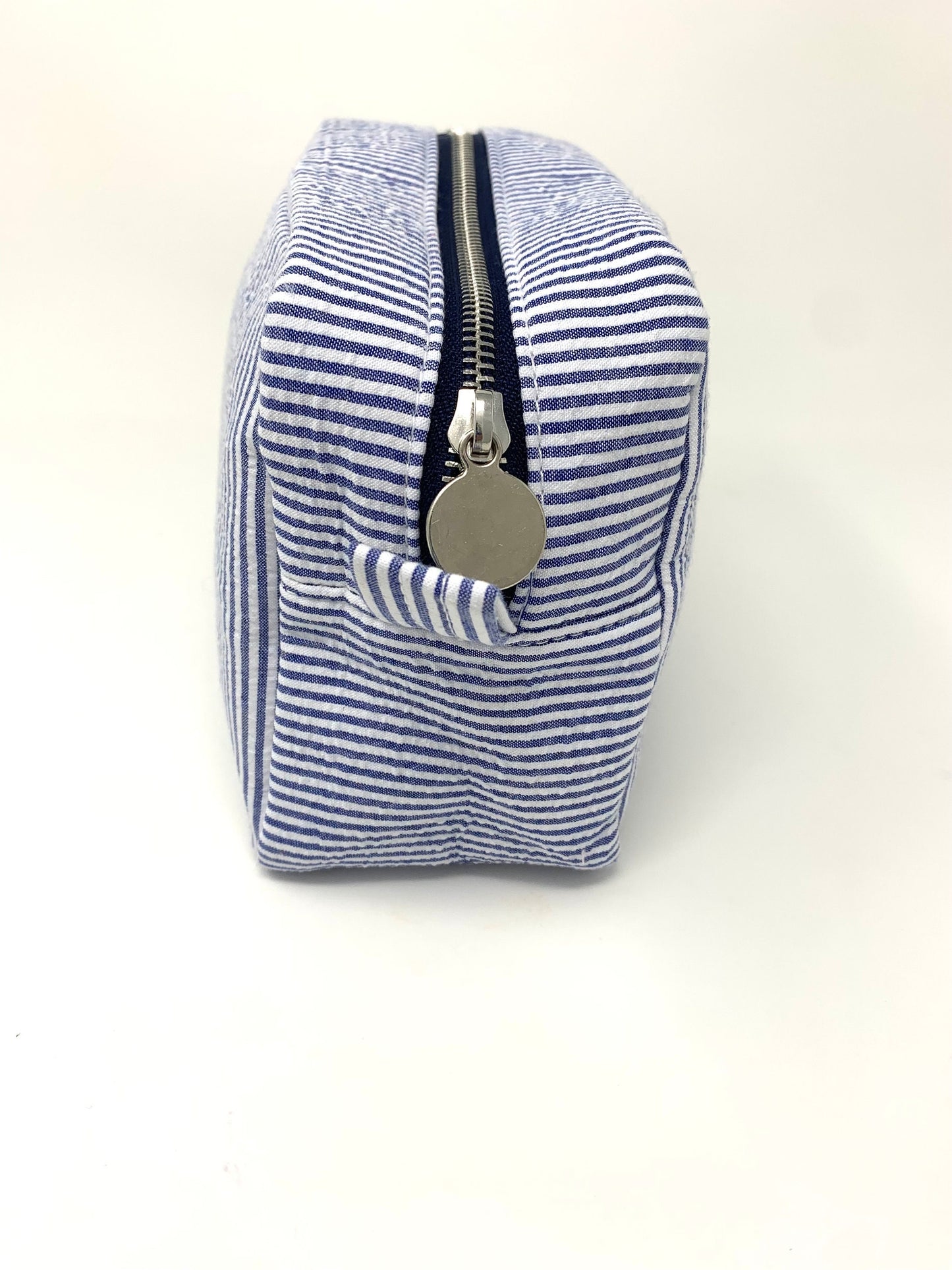 Blue Make Up Cosmetic Toiletry Bag, Pin Stripes, Seer Sucker Cotton, Personalized Gift, Embroidered Gift, Bridesmaid Gift,