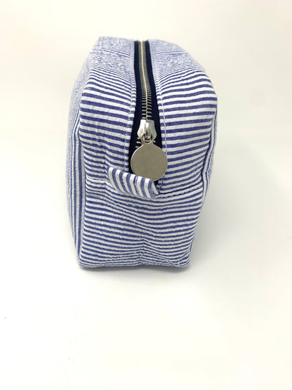 Blue Make Up Cosmetic Toiletry Bag, Pin Stripes, Seer Sucker Cotton, Personalized Gift, Embroidered Gift, Bridesmaid Gift,