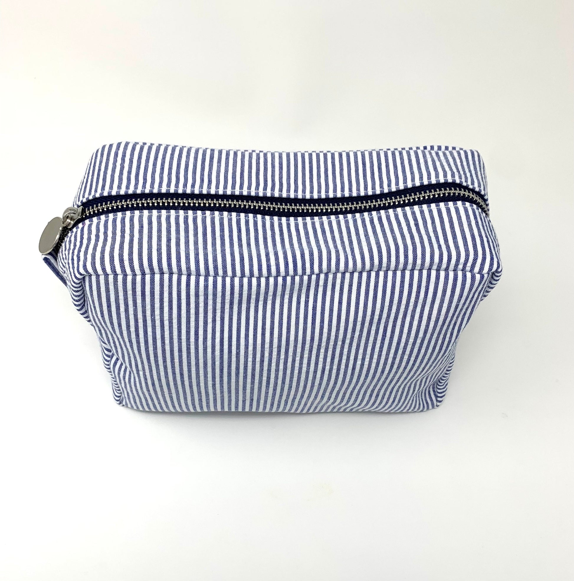 Blue Make Up Cosmetic Toiletry Bag, Pin Stripes, Seer Sucker Cotton, Personalized Gift, Embroidered Gift, Bridesmaid Gift,
