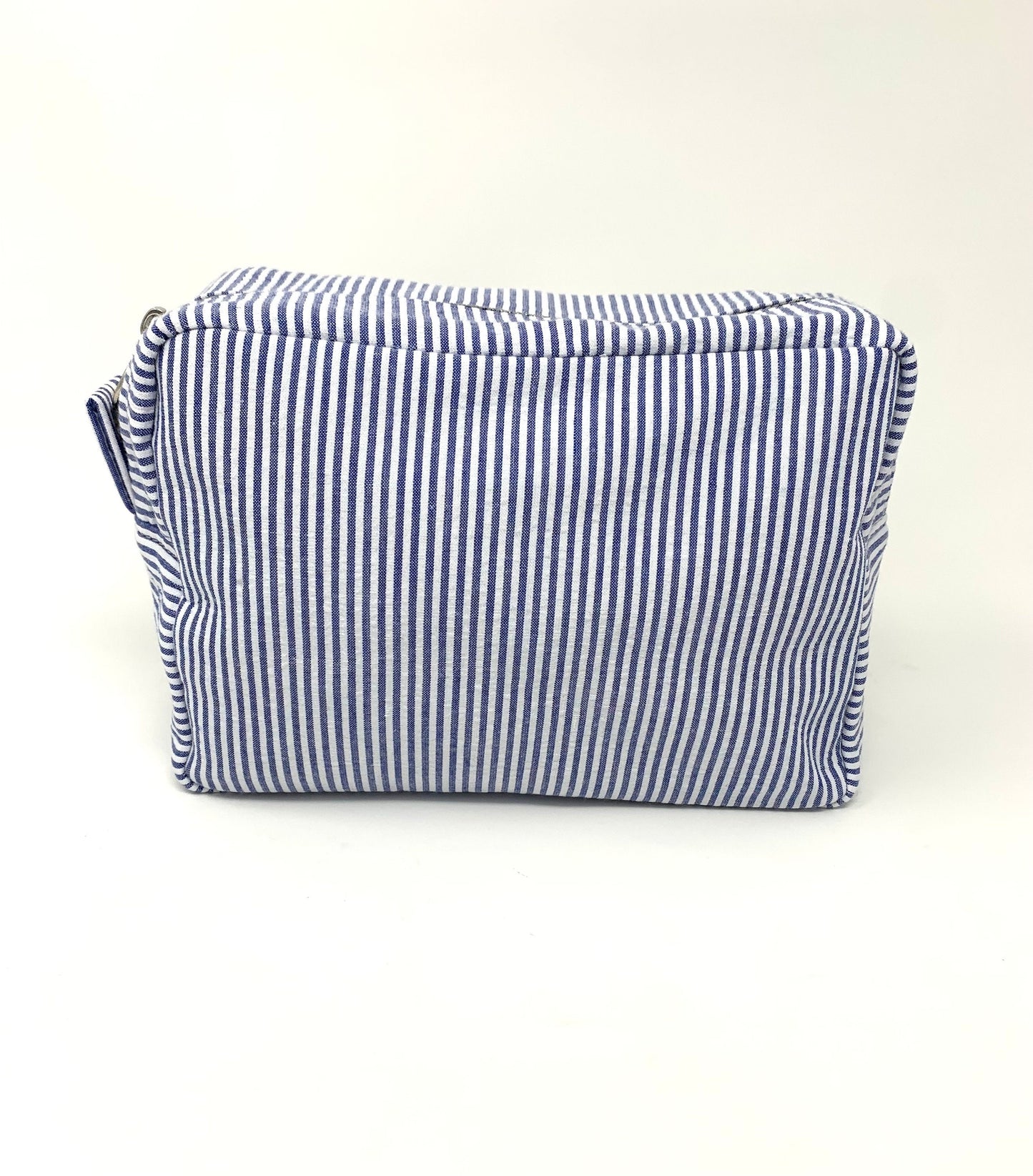 Blue Make Up Cosmetic Toiletry Bag, Pin Stripes, Seer Sucker Cotton, Personalized Gift, Embroidered Gift, Bridesmaid Gift,