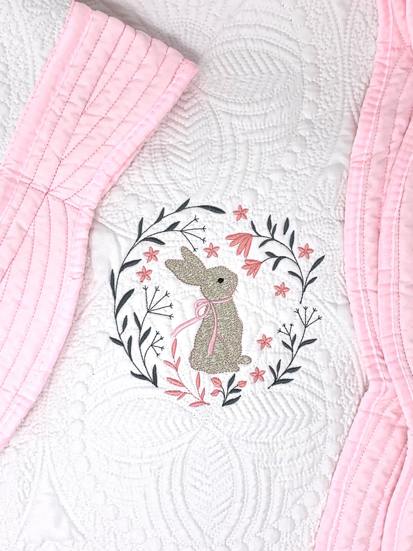 Bunny Baby Girl Quilt, Personalized, Baby Blanket, Pink Quilt, New Baby Gift, Embroidered Name, Custom Baby Quilt, Baby's Name