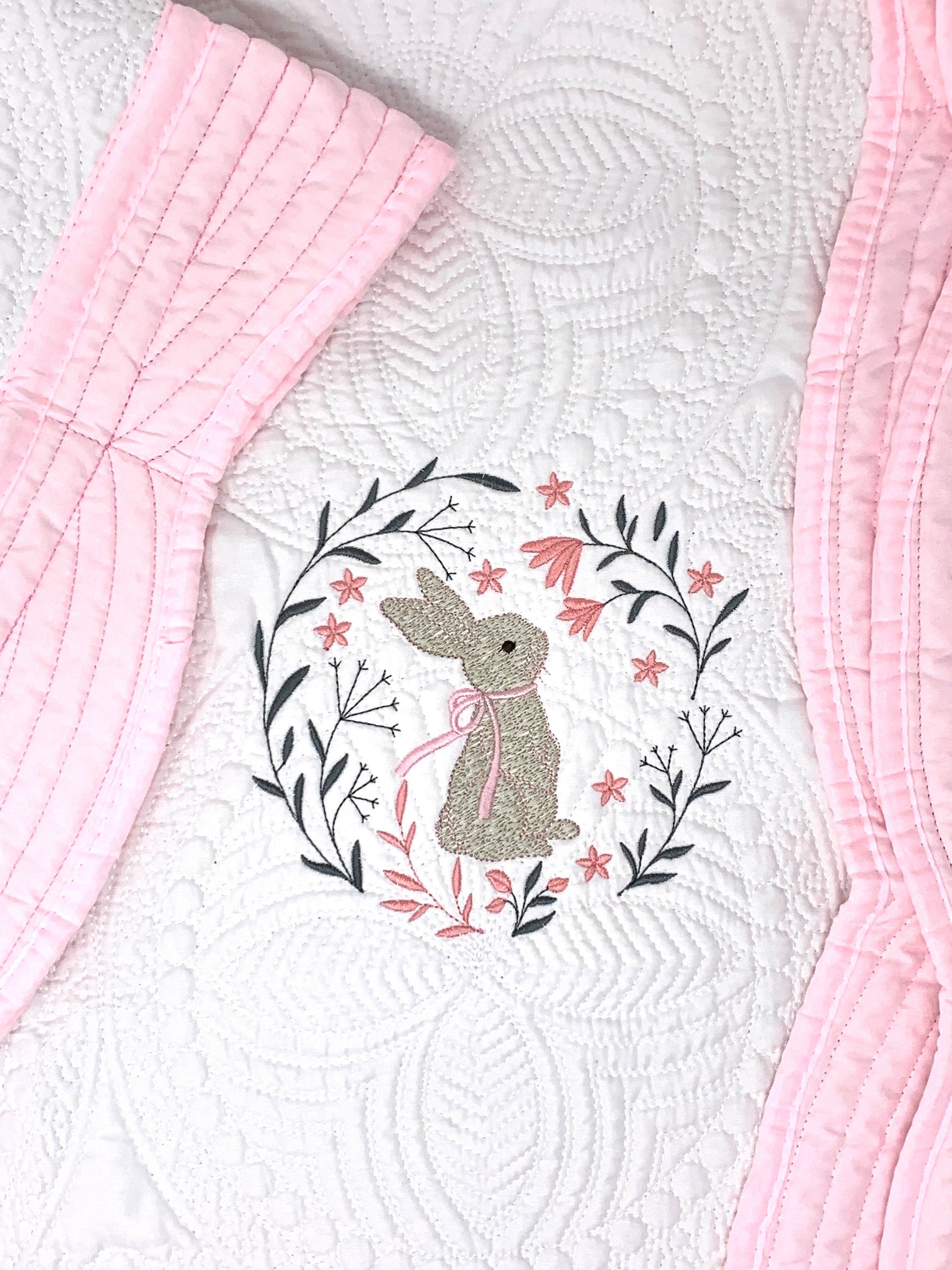 Bunny Baby Girl Quilt, Personalized, Baby Blanket, Pink Quilt, New Baby Gift, Embroidered Name, Custom Baby Quilt, Baby's Name