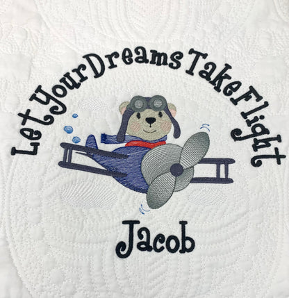 Blue Baby Boy Quilt, Personalized, Bear, Baby Blanket, Airplane, Aviator, Light Blue Quilt, Embroidered Name, Custom Baby Quilt