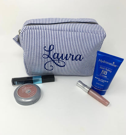 Blue Make Up Cosmetic Toiletry Bag, Pin Stripes, Seer Sucker Cotton, Personalized Gift, Embroidered Gift, Bridesmaid Gift,