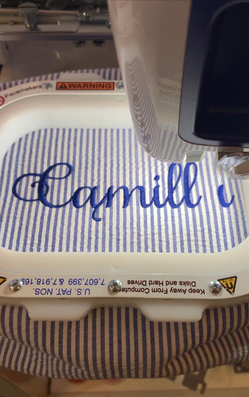 Blue Make Up Cosmetic Toiletry Bag, Pin Stripes, Seer Sucker Cotton, Personalized Gift, Embroidered Gift, Bridesmaid Gift,