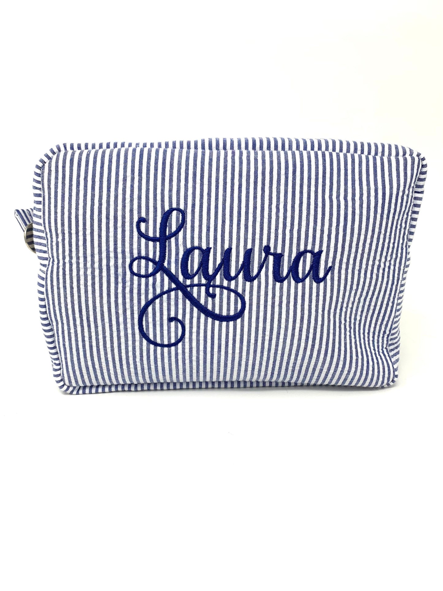 Blue Make Up Cosmetic Toiletry Bag, Pin Stripes, Seer Sucker Cotton, Personalized Gift, Embroidered Gift, Bridesmaid Gift,