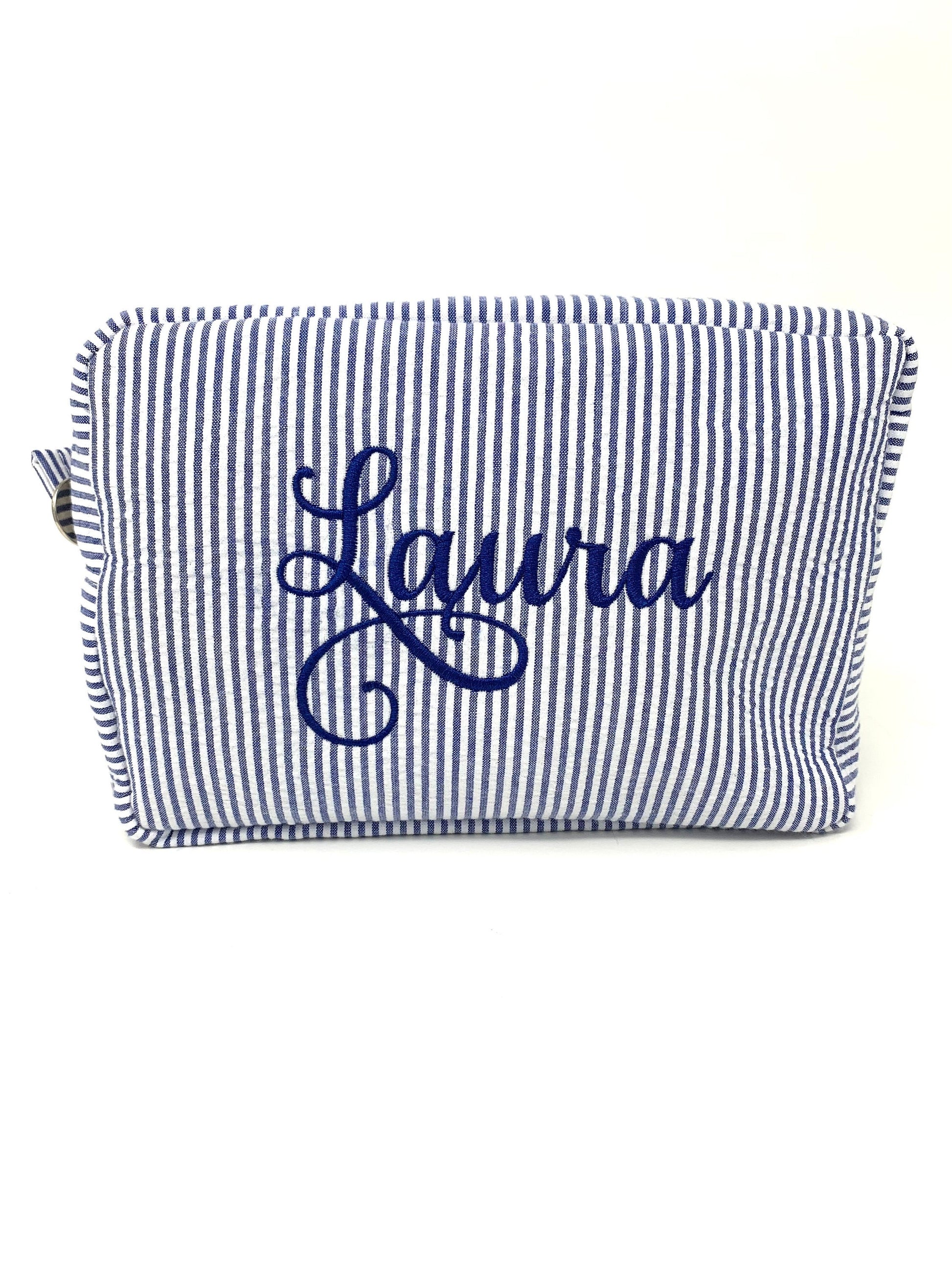 Blue Make Up Cosmetic Toiletry Bag, Pin Stripes, Seer Sucker Cotton, Personalized Gift, Embroidered Gift, Bridesmaid Gift,