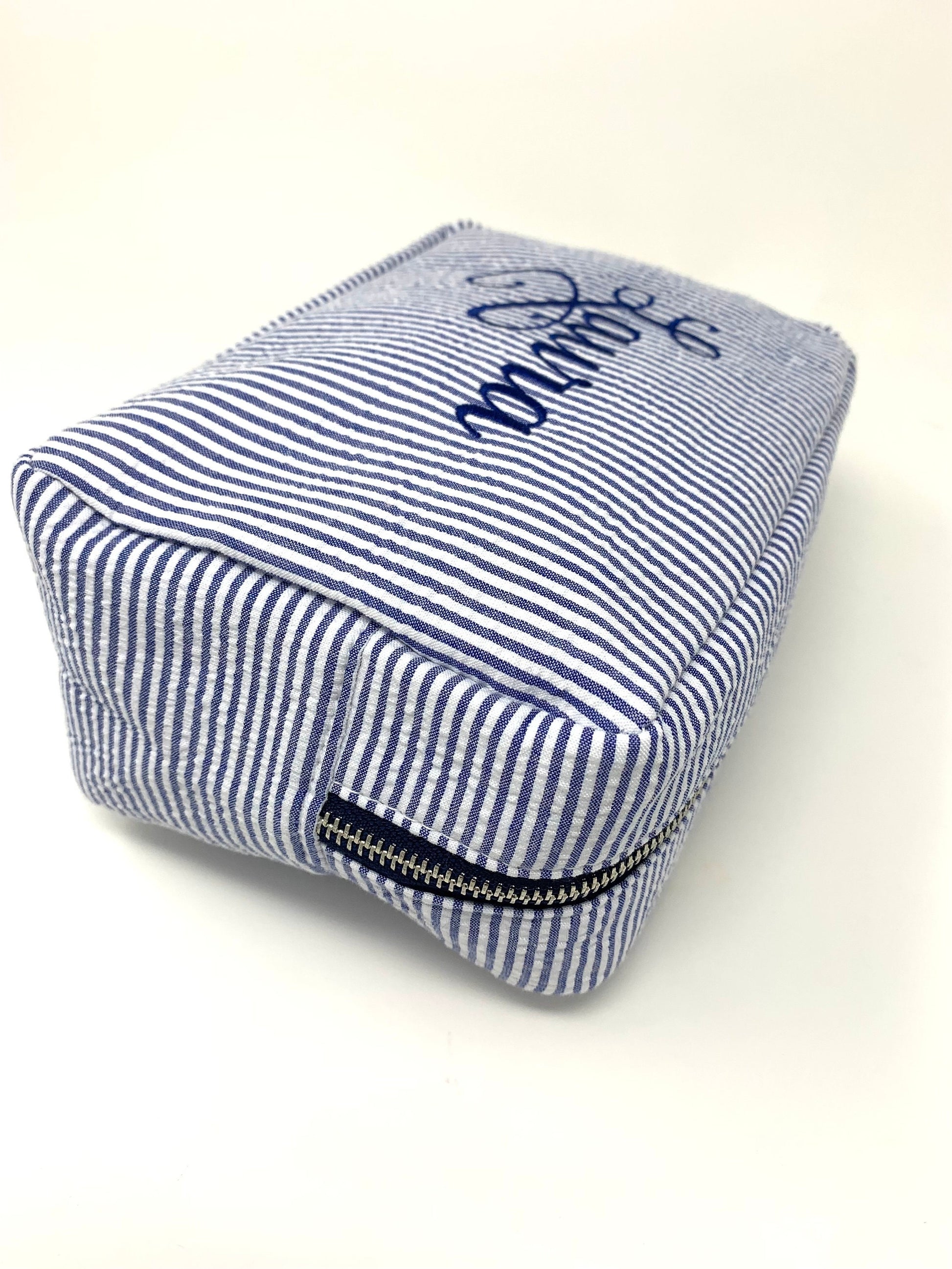 Blue Make Up Cosmetic Toiletry Bag, Pin Stripes, Seer Sucker Cotton, Personalized Gift, Embroidered Gift, Bridesmaid Gift,