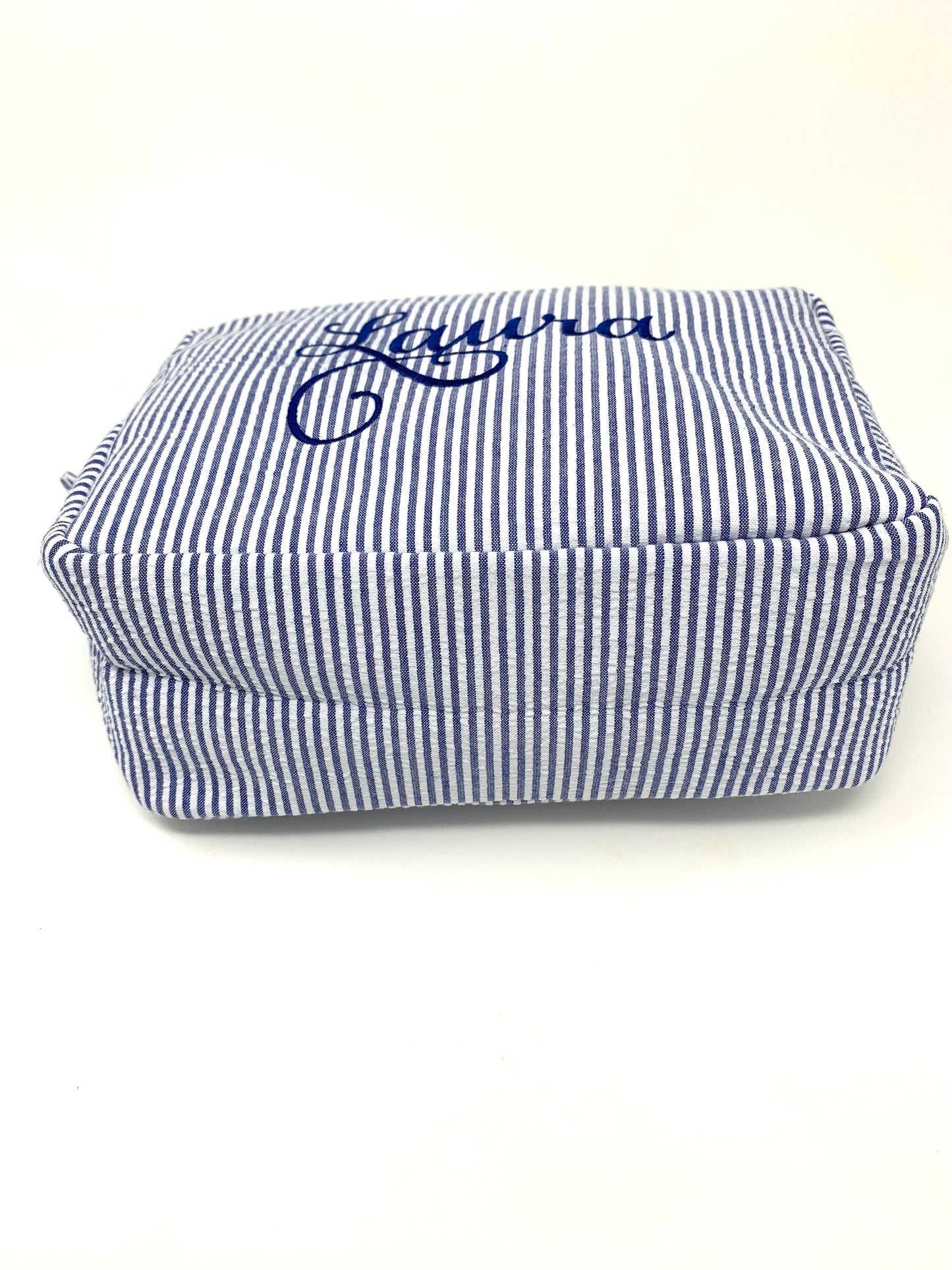 Blue Make Up Cosmetic Toiletry Bag, Pin Stripes, Seer Sucker Cotton, Personalized Gift, Embroidered Gift, Bridesmaid Gift,