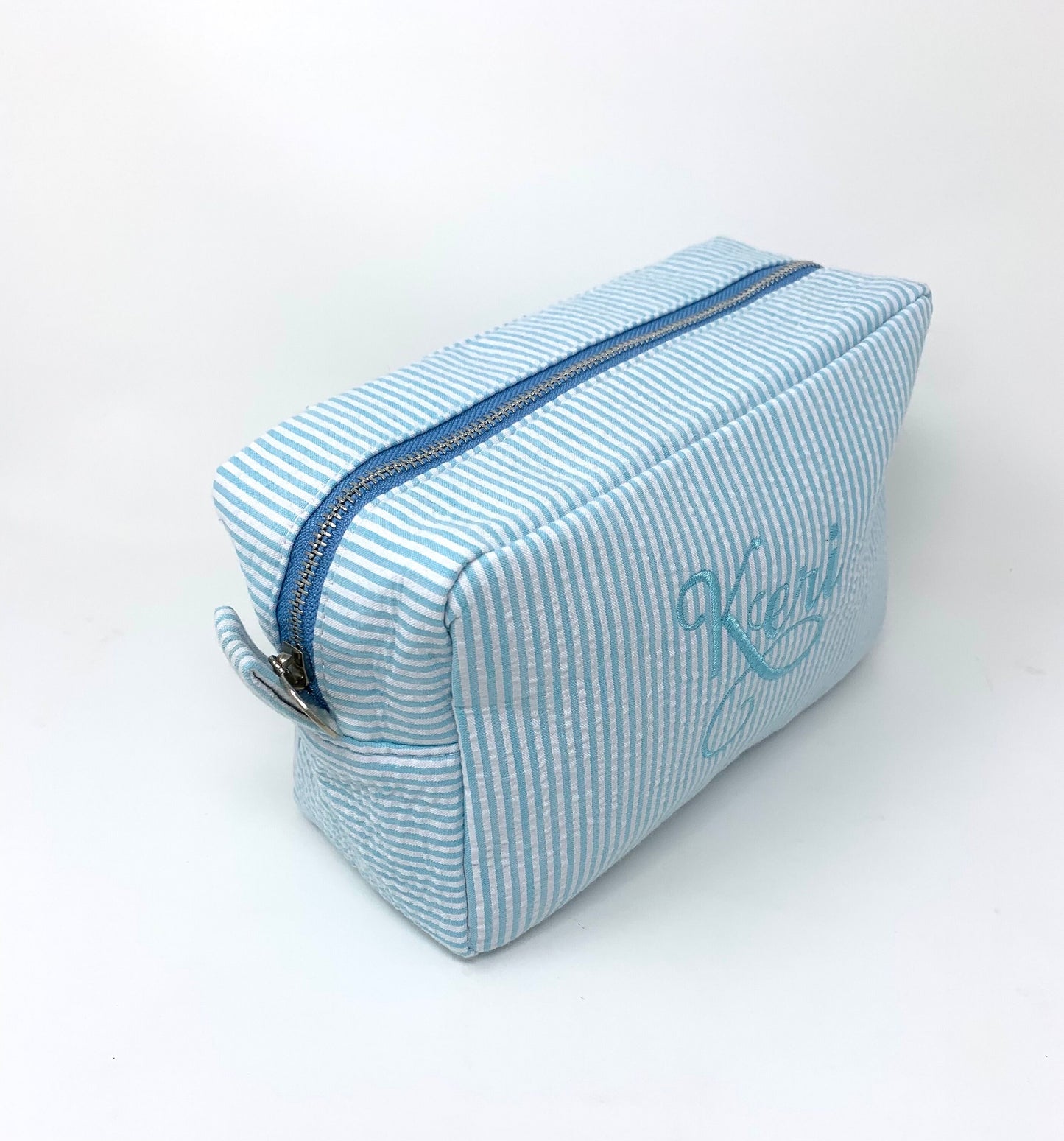 Aqua Light Blue Make Up Cosmetic Toiletry Bag, Pin Stripes, Seer Sucker Cotton, Personalized Gift, Embroidered Gift, Bridesmaid Gift