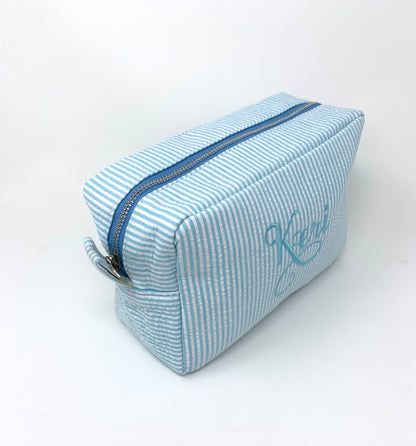 Aqua Light Blue Make Up Cosmetic Toiletry Bag, Pin Stripes, Seer Sucker Cotton, Personalized Gift, Embroidered Gift, Bridesmaid Gift
