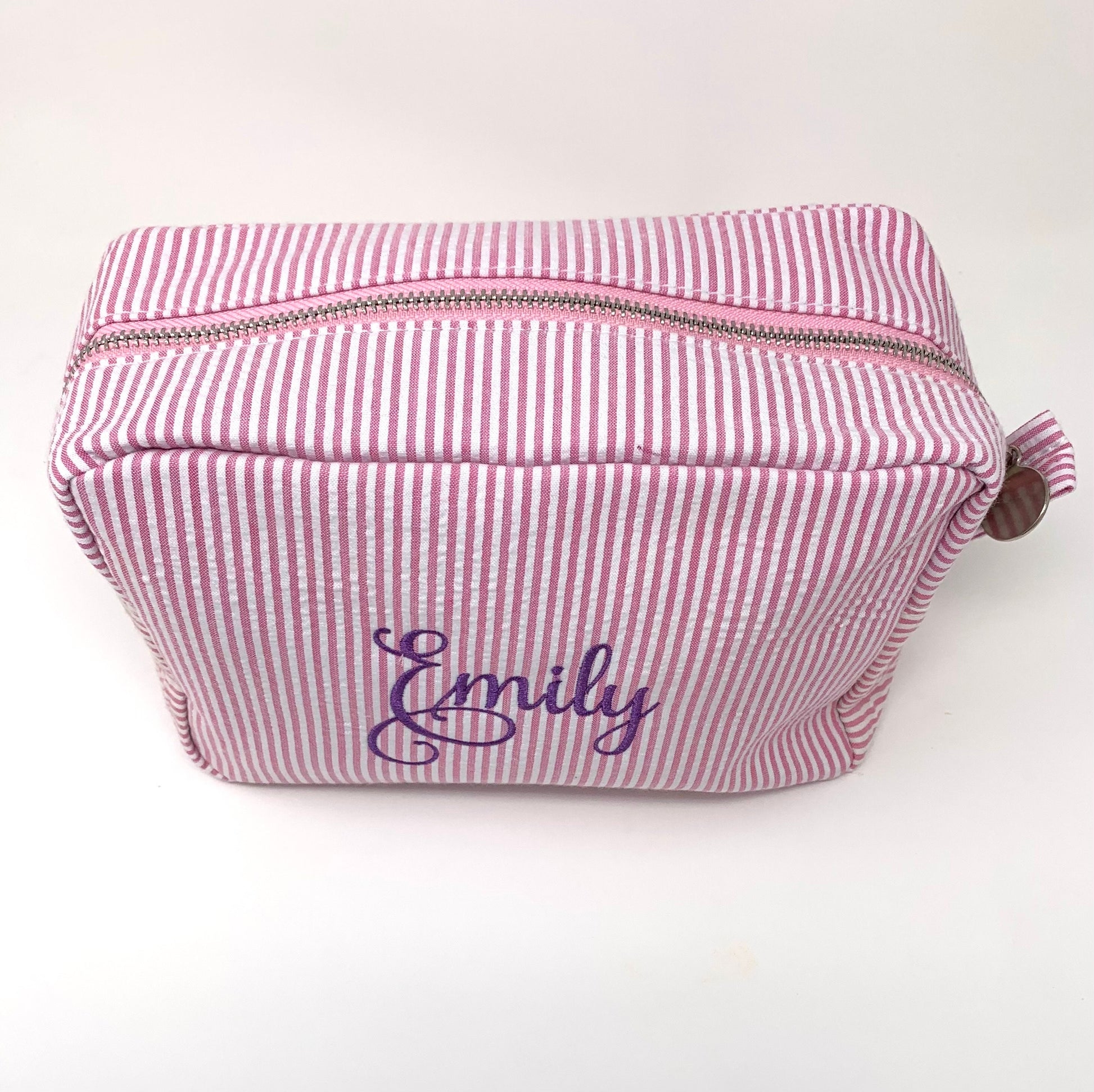 Pink Make Up Cosmetic Toiletry Bag, Pin Stripes, Seer Sucker Cotton, Personalized Gift, Embroidered Gift, Bridesmaid Gift,
