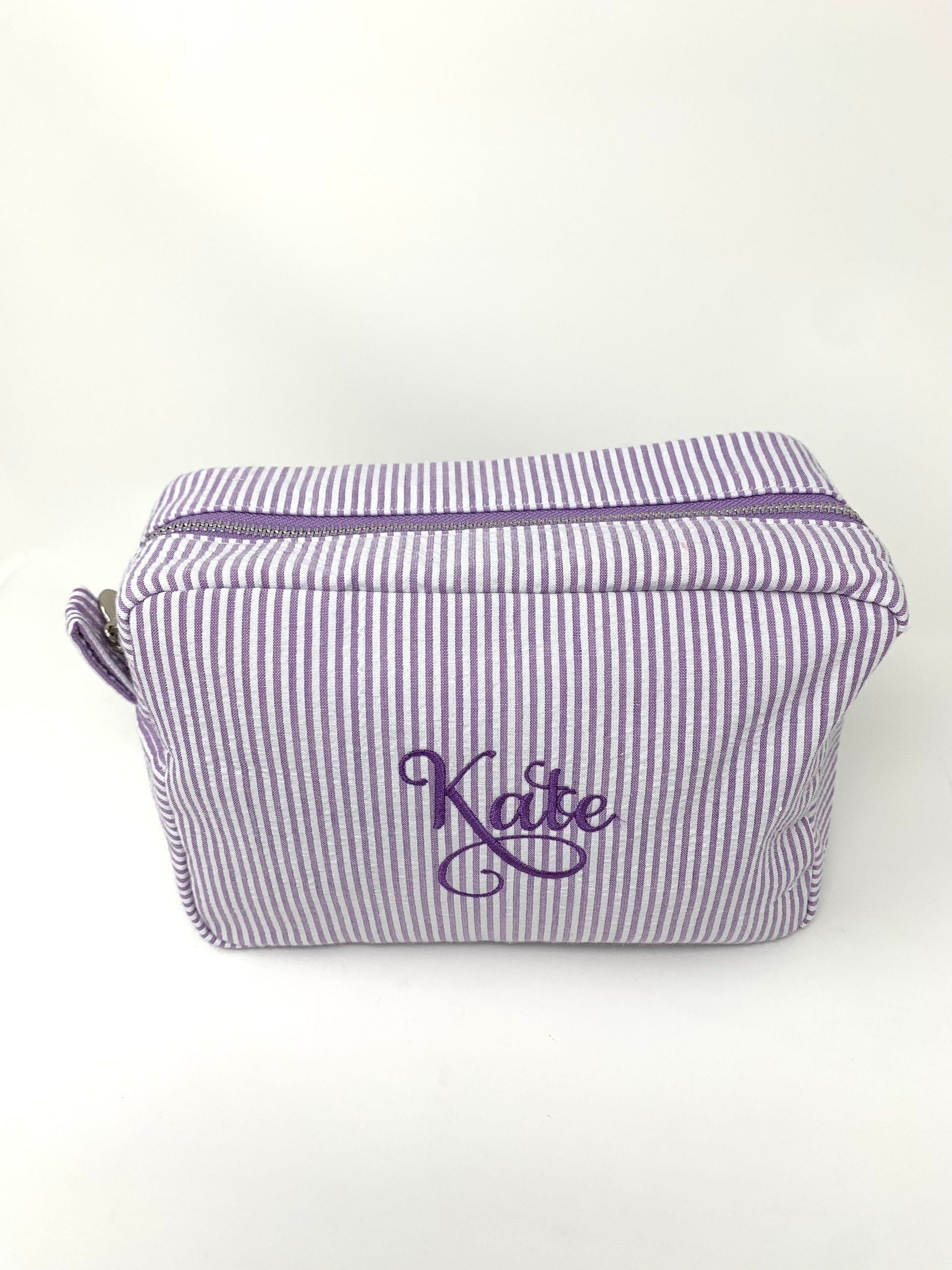 Purple Make Up Cosmetic Toiletry Bag, Pin Stripes, Seer Sucker Cotton, Personalized Gift, Embroidered Gift, Bridesmaid Gift,