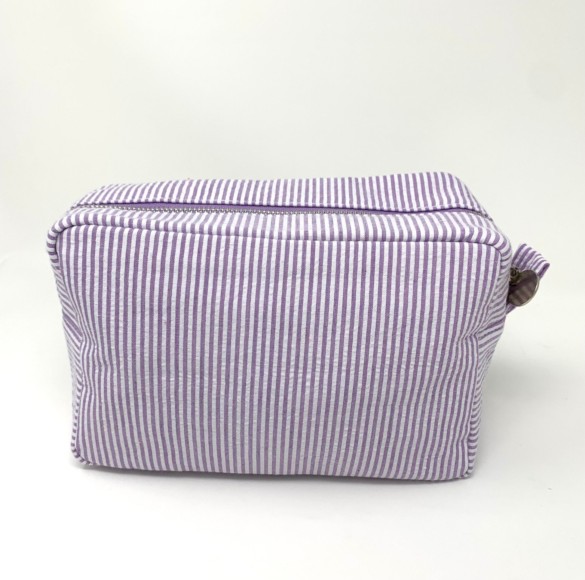 Purple Make Up Cosmetic Toiletry Bag, Pin Stripes, Seer Sucker Cotton, Personalized Gift, Embroidered Gift, Bridesmaid Gift,