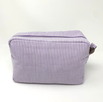 Purple Make Up Cosmetic Toiletry Bag, Pin Stripes, Seer Sucker Cotton, Personalized Gift, Embroidered Gift, Bridesmaid Gift,