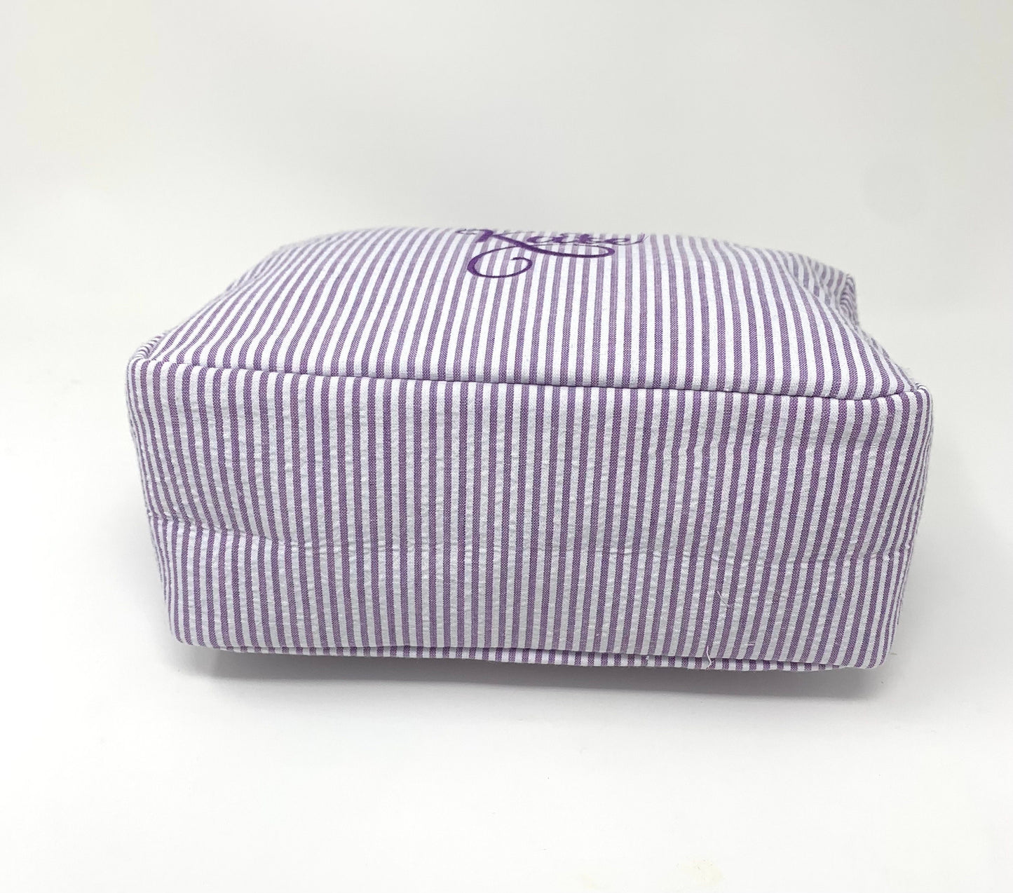 Purple Make Up Cosmetic Toiletry Bag, Pin Stripes, Seer Sucker Cotton, Personalized Gift, Embroidered Gift, Bridesmaid Gift,