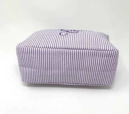 Purple Make Up Cosmetic Toiletry Bag, Pin Stripes, Seer Sucker Cotton, Personalized Gift, Embroidered Gift, Bridesmaid Gift,
