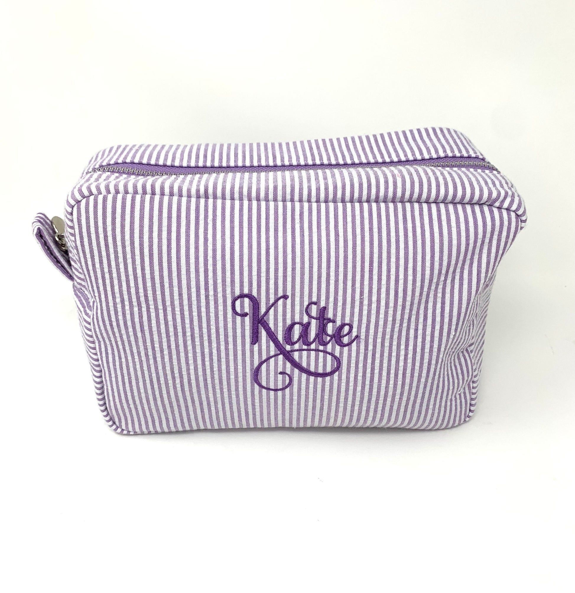 Purple Make Up Cosmetic Toiletry Bag, Pin Stripes, Seer Sucker Cotton, Personalized Gift, Embroidered Gift, Bridesmaid Gift,