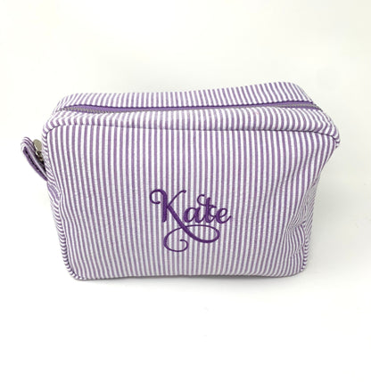 Purple Make Up Cosmetic Toiletry Bag, Pin Stripes, Seer Sucker Cotton, Personalized Gift, Embroidered Gift, Bridesmaid Gift,