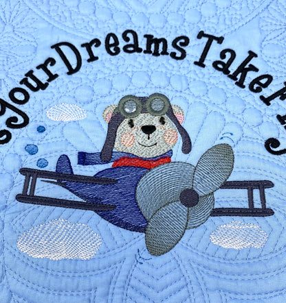 Blue Baby Boy Quilt, Personalized, Bear, Baby Blanket, Airplane, Aviator, Light Blue Quilt, Embroidered Name, Custom Baby Quilt