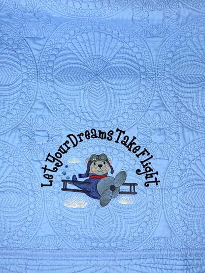 Blue Baby Boy Quilt, Personalized, Bear, Baby Blanket, Airplane, Aviator, Light Blue Quilt, Embroidered Name, Custom Baby Quilt
