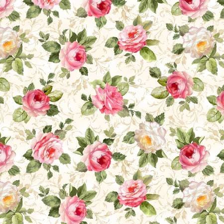 Rose Floral yardage, Romance, Pink, Cream, Green, Flowers, Botanicals, Blooms, Blossoms, Timeless Treasres, CD1720