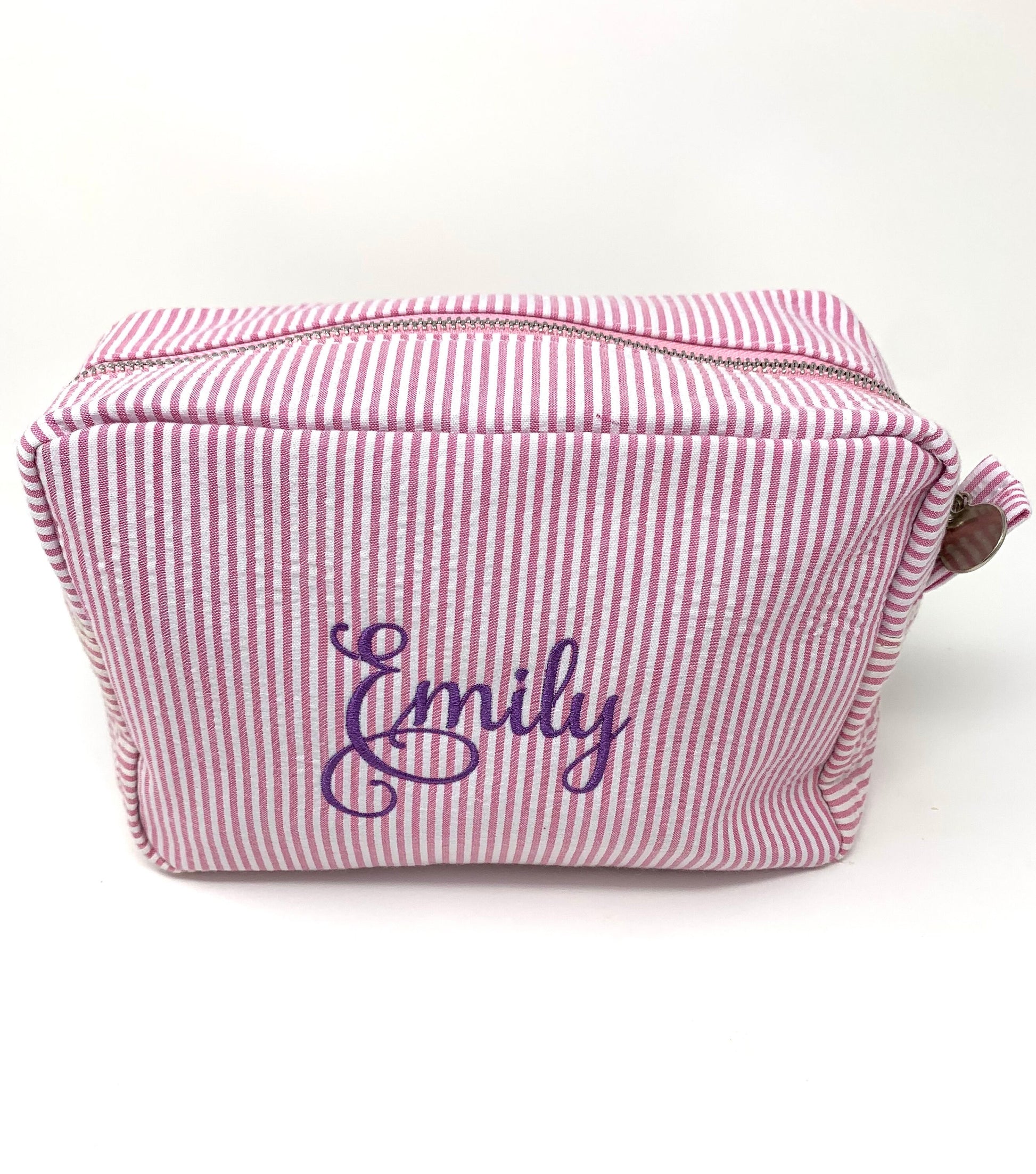 Pink Make Up Cosmetic Toiletry Bag, Pin Stripes, Seer Sucker Cotton, Personalized Gift, Embroidered Gift, Bridesmaid Gift,