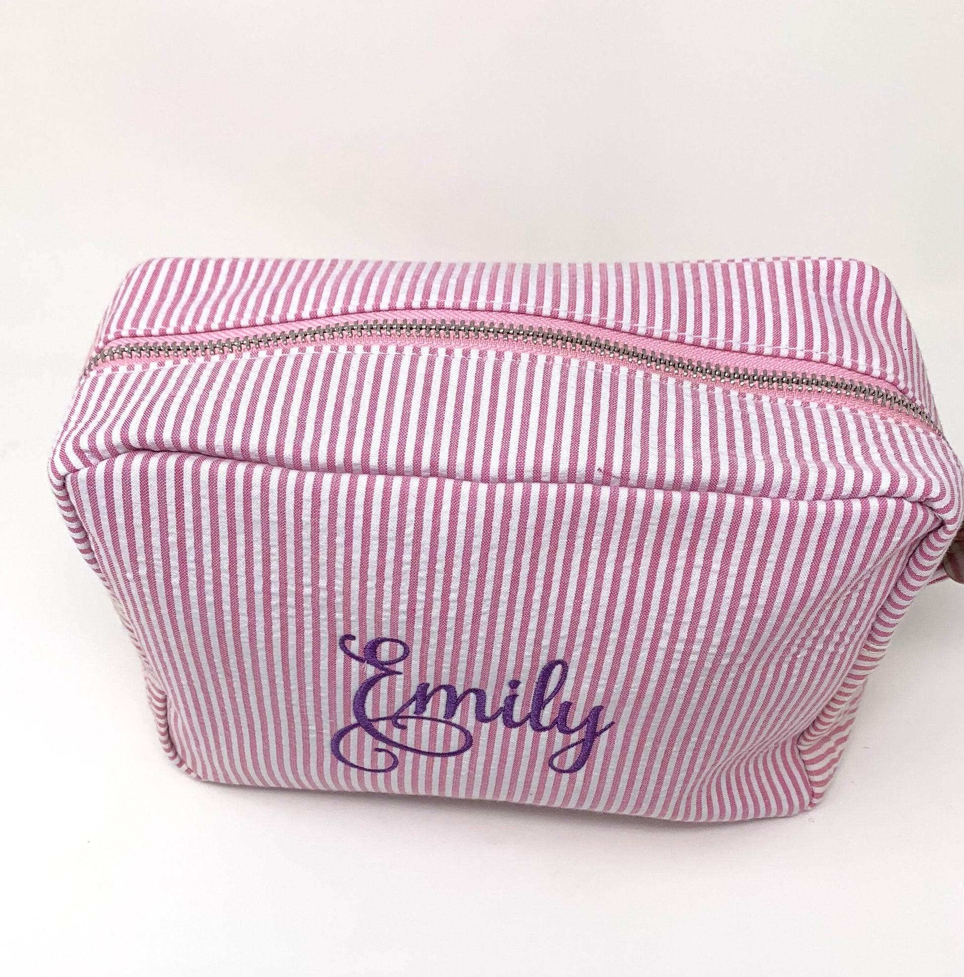 Pink Make Up Cosmetic Toiletry Bag, Pin Stripes, Seer Sucker Cotton, Personalized Gift, Embroidered Gift, Bridesmaid Gift,