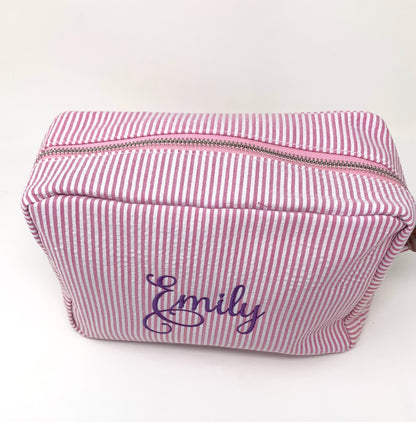Pink Make Up Cosmetic Toiletry Bag, Pin Stripes, Seer Sucker Cotton, Personalized Gift, Embroidered Gift, Bridesmaid Gift,