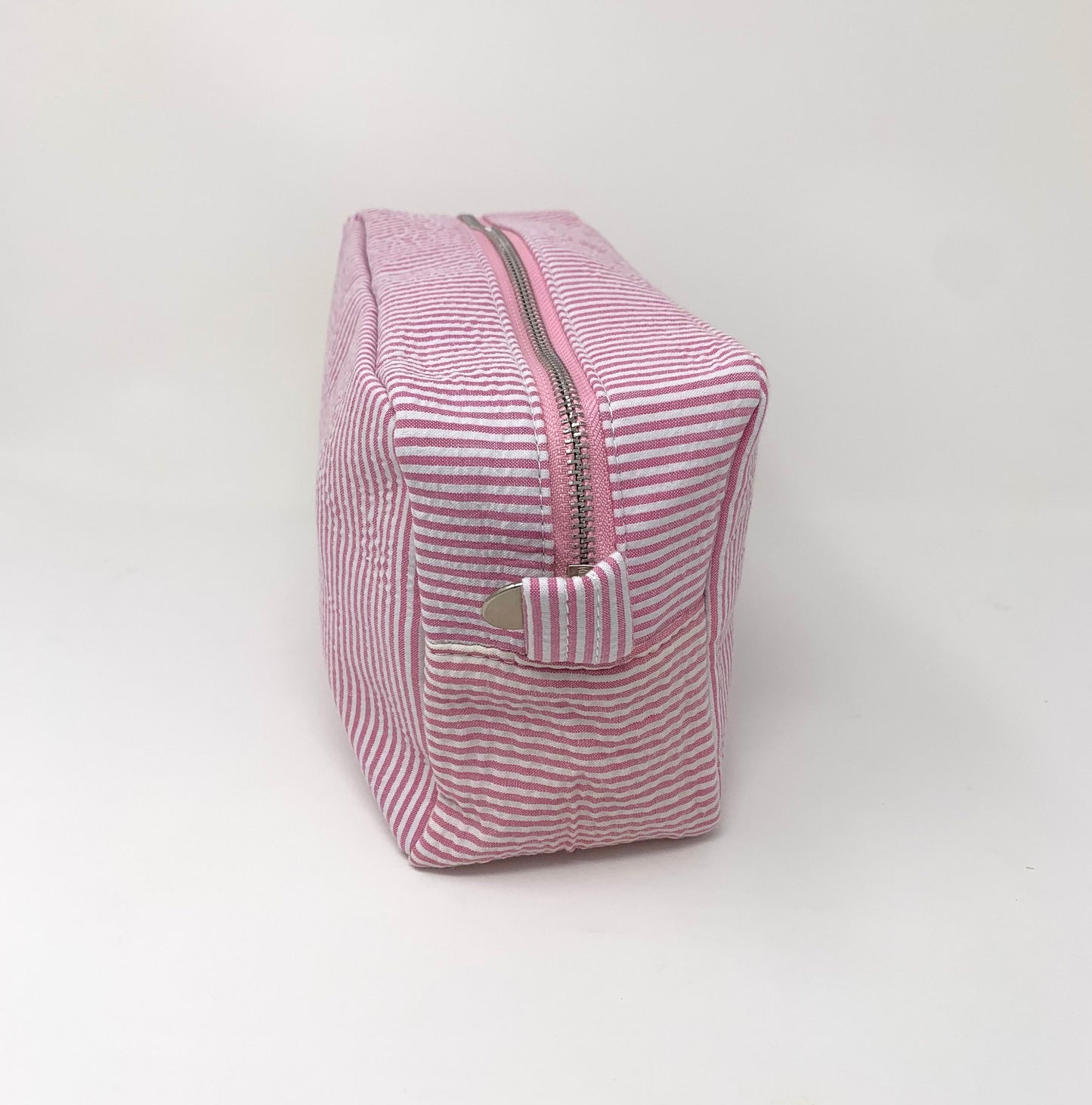 Pink Make Up Cosmetic Toiletry Bag, Pin Stripes, Seer Sucker Cotton, Personalized Gift, Embroidered Gift, Bridesmaid Gift,