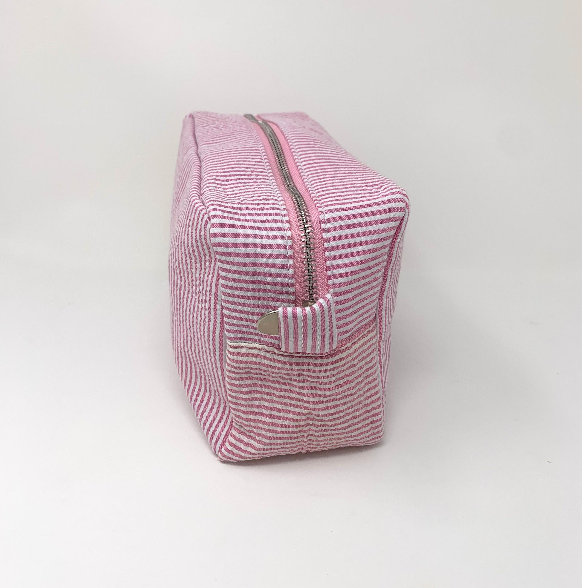 Pink Make Up Cosmetic Toiletry Bag, Pin Stripes, Seer Sucker Cotton, Personalized Gift, Embroidered Gift, Bridesmaid Gift,