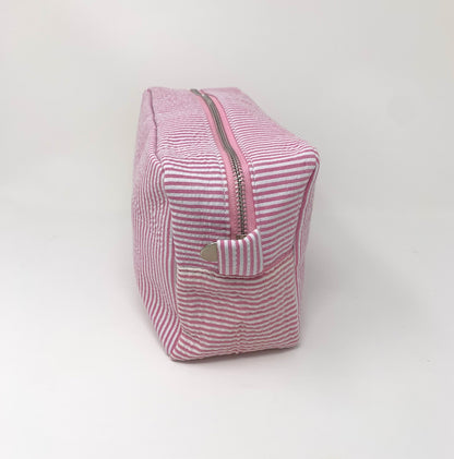 Pink Make Up Cosmetic Toiletry Bag, Pin Stripes, Seer Sucker Cotton, Personalized Gift, Embroidered Gift, Bridesmaid Gift,