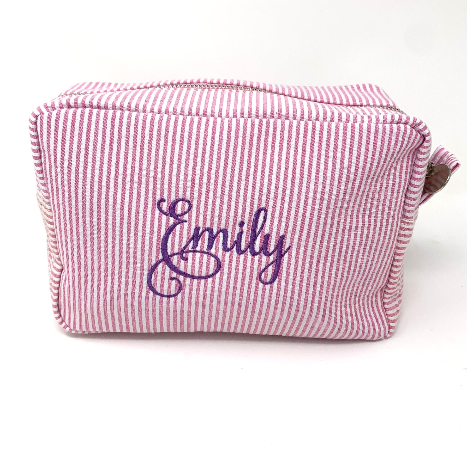 Pink Make Up Cosmetic Toiletry Bag, Pin Stripes, Seer Sucker Cotton, Personalized Gift, Embroidered Gift, Bridesmaid Gift,
