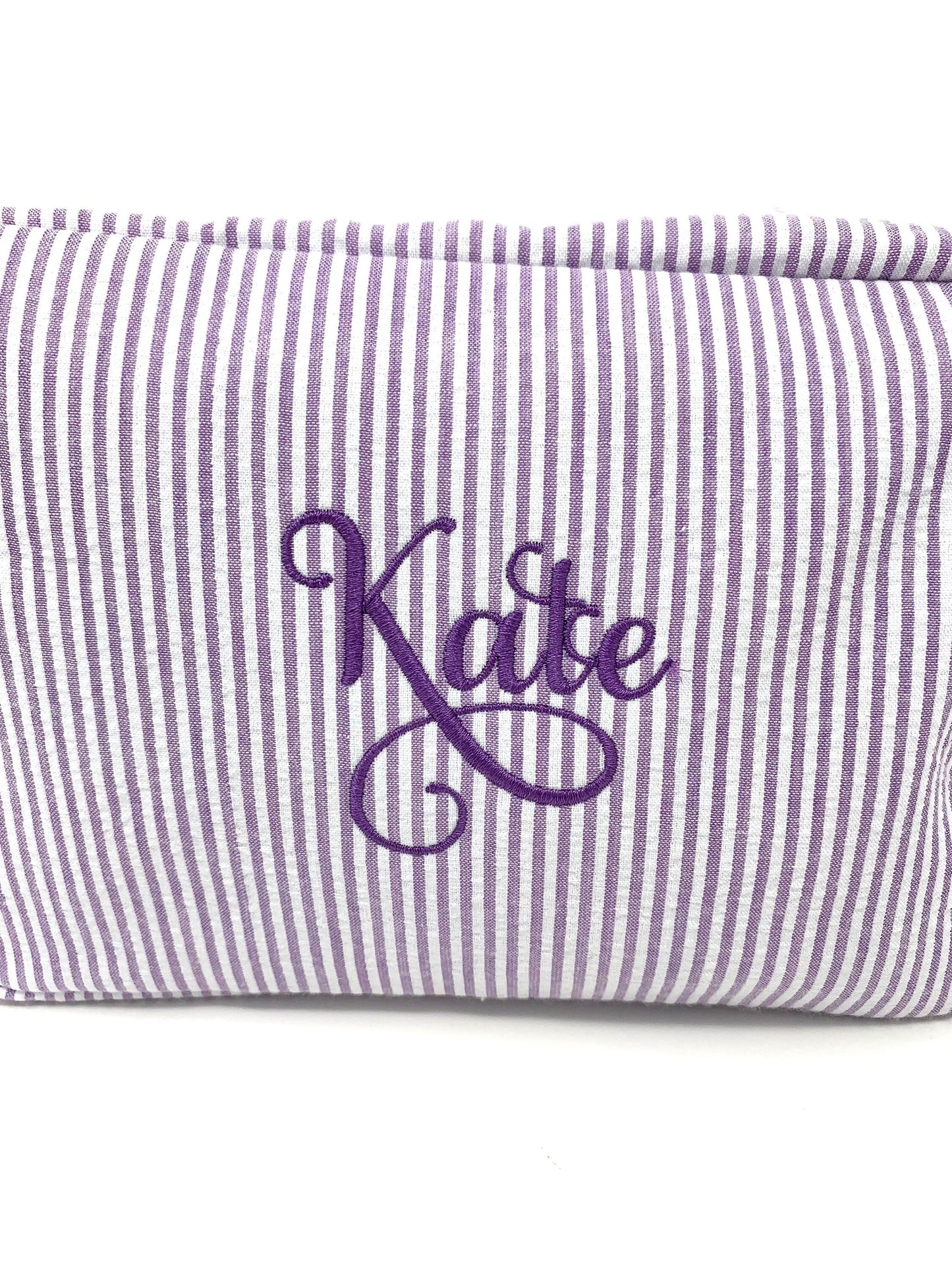 Purple Make Up Cosmetic Toiletry Bag, Pin Stripes, Seer Sucker Cotton, Personalized Gift, Embroidered Gift, Bridesmaid Gift,