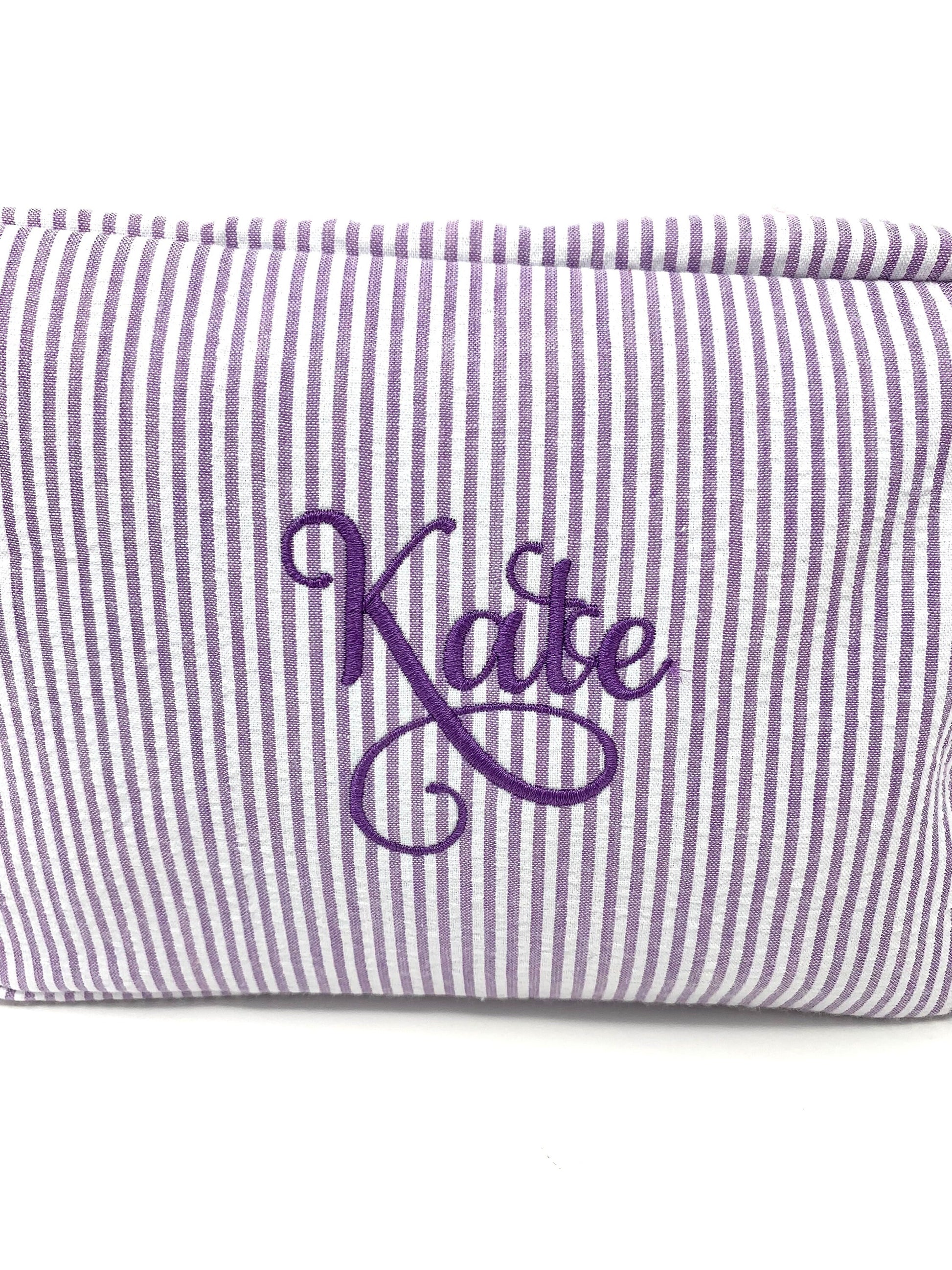 Purple Make Up Cosmetic Toiletry Bag, Pin Stripes, Seer Sucker Cotton, Personalized Gift, Embroidered Gift, Bridesmaid Gift,