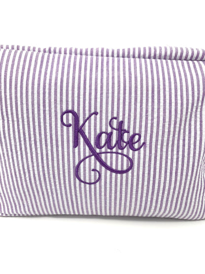Purple Make Up Cosmetic Toiletry Bag, Pin Stripes, Seer Sucker Cotton, Personalized Gift, Embroidered Gift, Bridesmaid Gift,