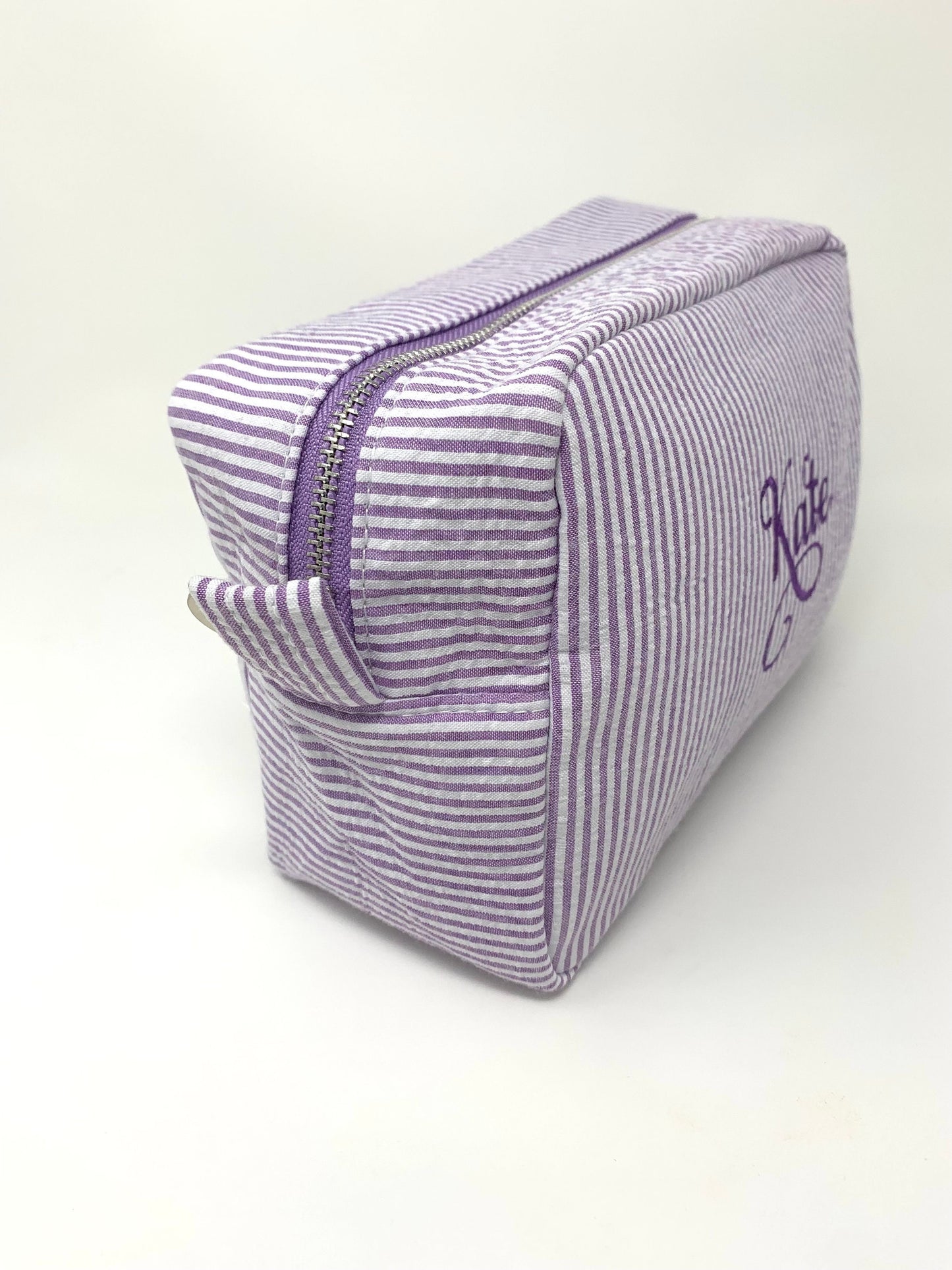 Purple Make Up Cosmetic Toiletry Bag, Pin Stripes, Seer Sucker Cotton, Personalized Gift, Embroidered Gift, Bridesmaid Gift,