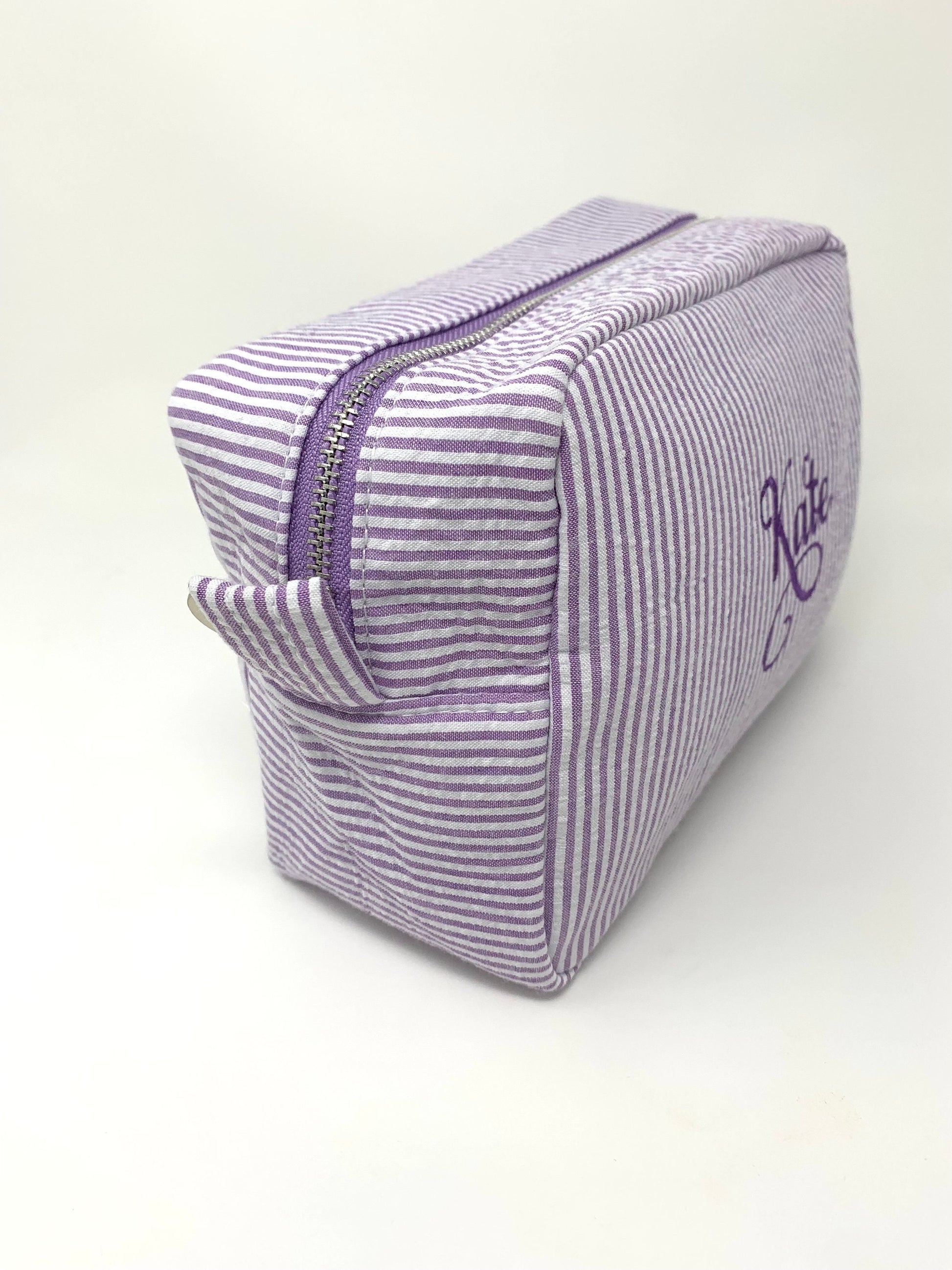 Purple Make Up Cosmetic Toiletry Bag, Pin Stripes, Seer Sucker Cotton, Personalized Gift, Embroidered Gift, Bridesmaid Gift,