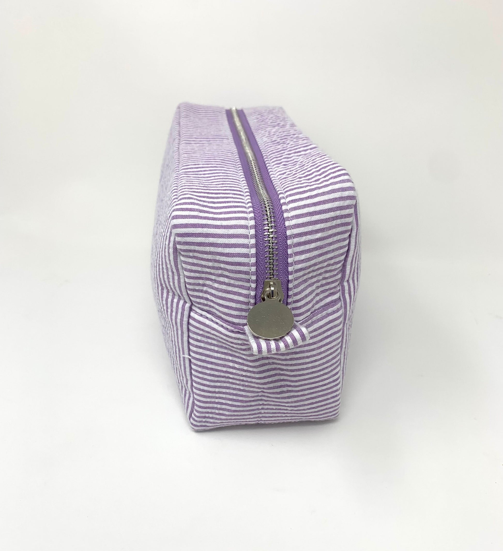 Purple Make Up Cosmetic Toiletry Bag, Pin Stripes, Seer Sucker Cotton, Personalized Gift, Embroidered Gift, Bridesmaid Gift,